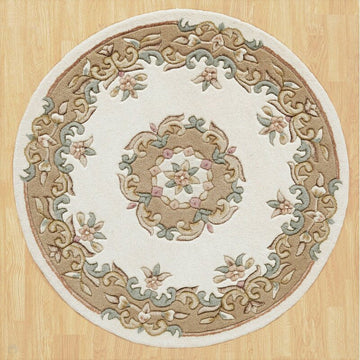Royal Traditional Floral Aubusson Medallion Border French-Style Hand-Carved Hi-Low Textured Soft Durable Wool Cream/Beige Round Rug-Melrose-Rug Love - The Most Loved Rug Store